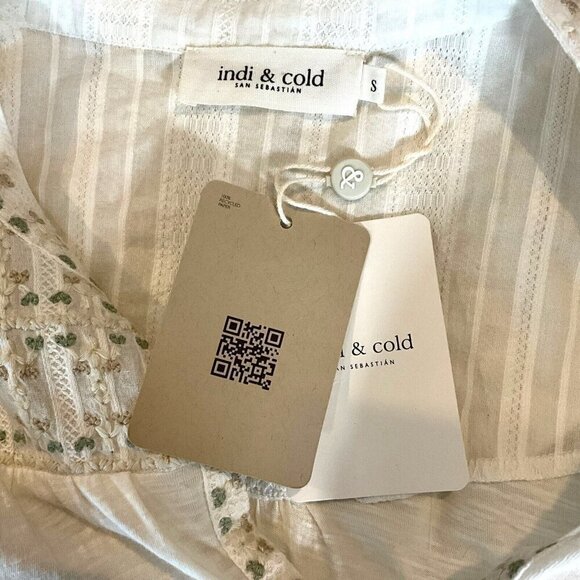 NWT Cold & Indi Camiseta White Top V Neck Size S Embroided Peasant - Picture 8 of 10